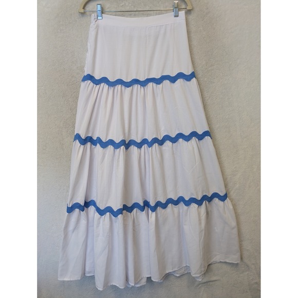 Unbranded Dresses & Skirts - Unbranded Maxi Skirt Womens L White Blue Ric Rac Trim Tiered Ruffle Boho Coastal